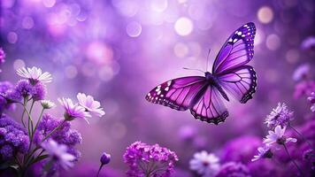 Purple butterfly and flowers with shallow depth of field on a purple background photo