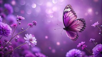 Purple butterfly and flowers creating a beautiful depth of field on a purple background photo