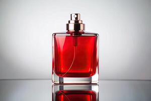 Realistic HD worm's eye view of balancing red perfume bottle on white background photo