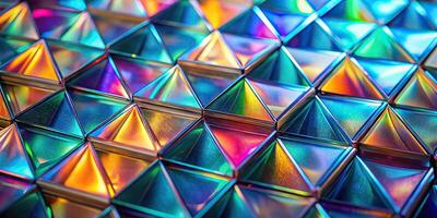 Repeating holographic triangles and hexagons in iridescent colors on worm's eye view perspective photo
