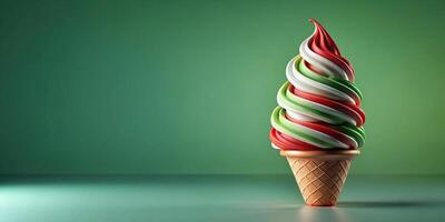 Realistic ice cream cone with white, green, and red swirls, super cute with depth of field effect photo