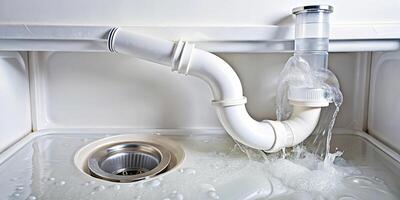 Plastic drain pipe under white sink with clog from above photo