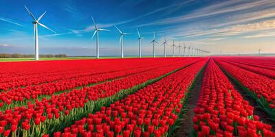 Red tulip fields and wind turbines in Flevoland photo