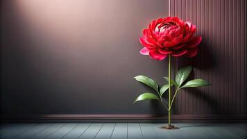 Red volumetric peony flower on decorative wall background with leading lines photo