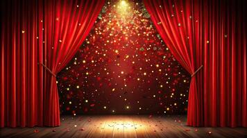 Red theater curtains with falling confetti on dark stage backdrop perfect for theater and celebration scenes photo