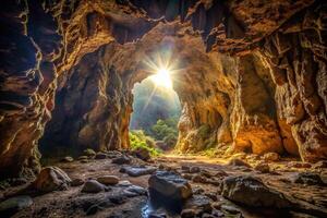 Rocky cave texture hideout background with macro backlit lighting photo