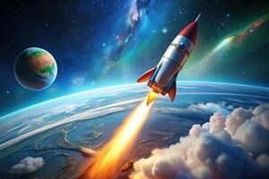 rocket taking off from planet, colorful, modern, worm's eye view photo