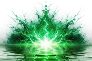 powerful explosion of green water with white lighting on a white isolated background, symmetrical photo