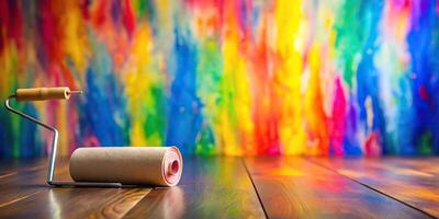 Roll of paint on colorful table with selective focus photo