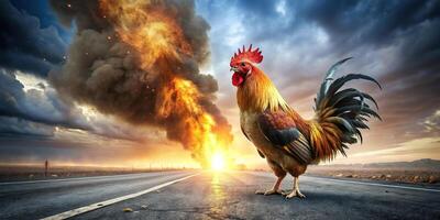 Panoramic view of rooster on highway with explosion in background photo