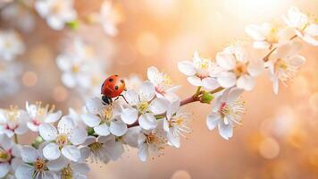 Panoramic view of delicate white flowers with a ladybug on a peach fuzz background photo
