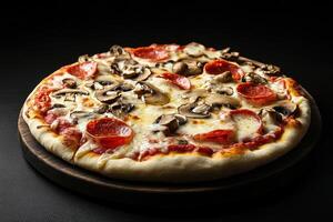 Close-Up of Pepperoni and Mushroom Pizza on Wooden Board photo