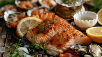 Close-up of Grilled Salmon with Oysters, Lemon, and Dill photo