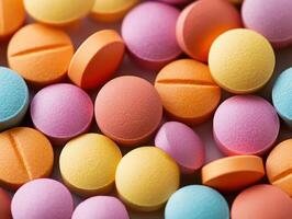 Close-up of Colorful Round Pills on a White Surface photo