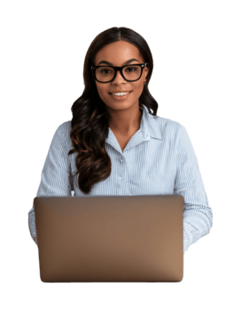 uma mulher dentro óculos e uma camisa é usando uma computador portátil png