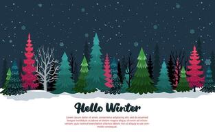 hello winter season with winter trees background in the night vector