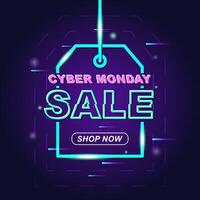 Cyber Monday banner with neon design and shop button concept vector