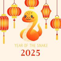New year of the snake 2025. Cute cartoon red snake and colored paper lantern. Poster, square web banner, greeting card vector