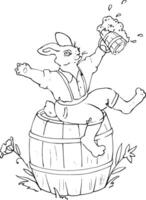A cheerful rabbit in suspenders drinks a foamy drink, sitting on a barrel with raised paws. Linear graphics. Vintage style. Perfect for use in promotions for beer festivals and cozy pubs. vector