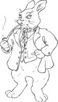Neat rabbit smoking a pipe in a brown jacket and green vest. Character, adult rabbit for use in games, printing on T-shirts, stickers. The image of a rich gentleman of old England. graphics. vector