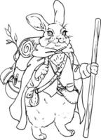 Watercolor illustration of a rabbit. Costumed characters from medieval games. Traveling rabbit in a warm cloak with a backpack, a pole, a pot and a frying pan. Ready for adventure. graphics. vector