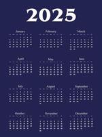 One Page Calendar 2025. Calendar templates 2025 for wall and desk use. Set of ready to print annual layouts. Business minimal modern 2025 calendar. vector
