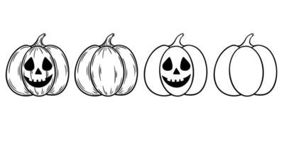 Spooky Halloween pumpkin illustrations set, line art. Laughing Jack o lantern graphic monochrome drawings. Hand drawn outline sketch, engraved illustration. For coloring book, invitation, decoration vector