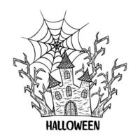 Halloween line art illustration with haunted house, spooky trees and spider web. Abandoned mansion graphic monochrome drawing. Hand drawn outline sketch, engraved doodle. For party invitation vector
