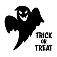 Sinister laughing Halloween ghost silhouette illustration and Trick or Treat text. Graphic monochrome drawing. Hand drawn outline sketch, engraved doodle illustration. For Halloween party invitation vector