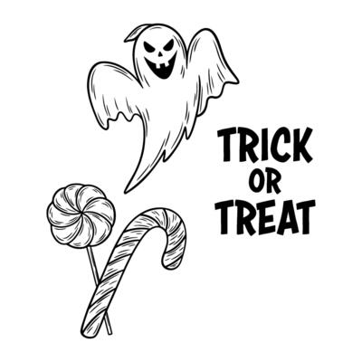 Trick Or Treat Drawing Vector Art Icons And Graphics For Free Download Sinister Laughing Halloween Ghost And Trick Or Treat Sweets Graphic Monochrome Drawing Hand Drawn Outline Sketch Engraved Doodle Illustration For Coloring Book Invitation Decoration Vector