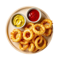 fried onion rings on a plate with ketchup and mustard png