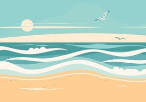 A cartoon illustration of a beach scene with waves and birds vector