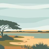 A landscape with a tree and a lake vector