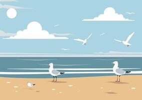 Seagulls on the beach with a bird in the sky vector
