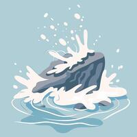 A rock in the ocean with waves and splashing water vector