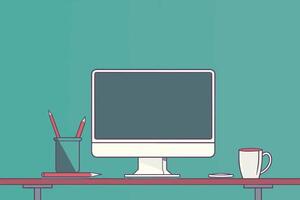 computer on a desk with a pencil cup and coffee mug vector