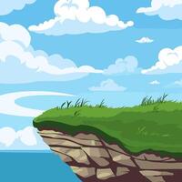 Cartoon illustration of a cliff with grass and clouds vector