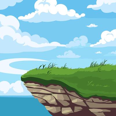 Cartoon illustration of a cliff with grass and clouds