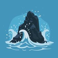 An illustration of a rock in the ocean with waves vector