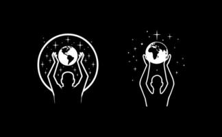 man with hands holding the planet vector