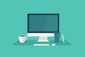 computer with cup of coffee on the desk vector