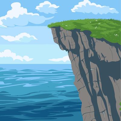A cartoon illustration of a cliff with grass on top