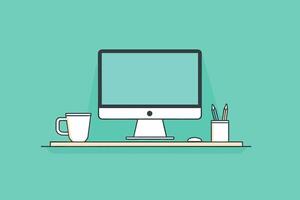 computer with cup of coffee on the desk vector