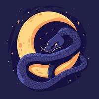 A snake coiling protectively around a crescent moon vector