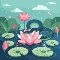snake resting on a lotus flower floating on water vector
