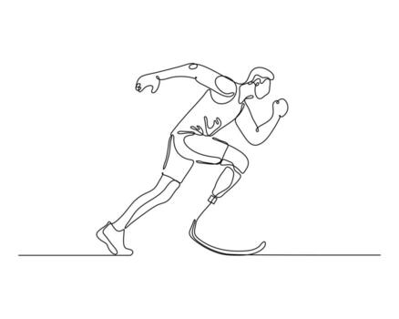 Continuous single line drawing of a determined athlete with prosthetic legs, running with passion and speed. Symbolizes resilience, overcoming adversity, and the power of sports to inspire. vector