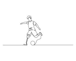 Single line drawing of a determined football player with a prosthetic leg, dribbling the ball with passion and skill. The image symbolizes resilience, overcoming adversity, and the power of sports vector