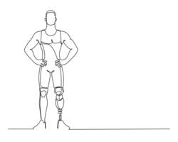 Single line drawing of a confident athlete standing with prosthetic leg, symbolizing determination and overcoming adversity. vector
