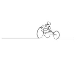 Single line drawing of a determined athlete in a wheelchair, showcasing their strength and determination as they race forward. The image symbolizes the power of sports to unite and inspire vector
