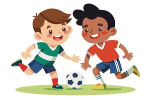 two boys playing soccer on a white background vector